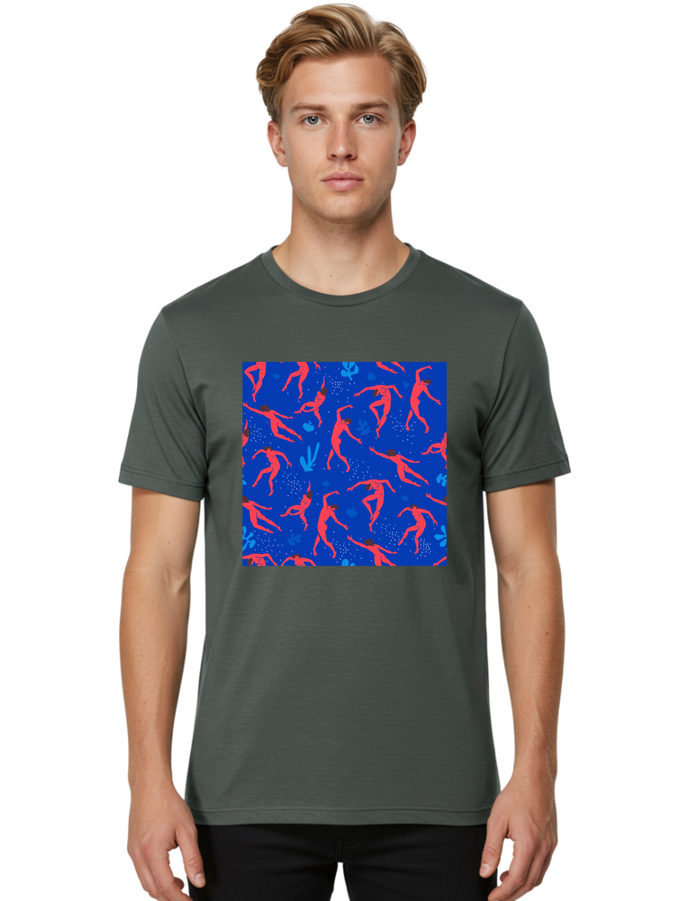 Dancing-Figures-2 Men'S Graphic Tee, 100% Cotton, Comfortable Casual Summer Wear, Machine Washable, Female Figures Dancing, Abstract Shapes, Vibrant Colors, Dynamic Patterns, Rhythmic Movement, Fitness Inspiration, Blue Background, Aab616