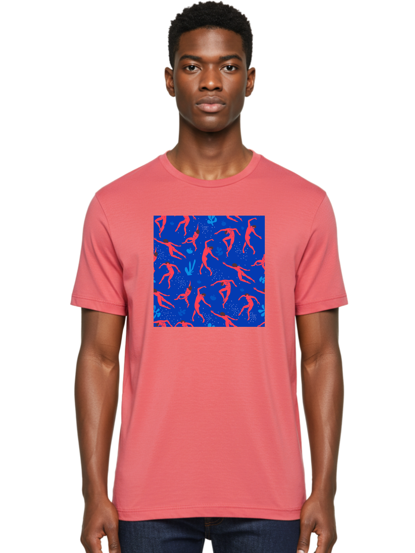 Dancing-Figures-2 Men'S Graphic Tee, 100% Cotton, Comfortable Casual Summer Wear, Machine Washable, Female Figures Dancing, Abstract Shapes, Vibrant Colors, Dynamic Patterns, Rhythmic Movement, Fitness Inspiration, Blue Background, Aab616