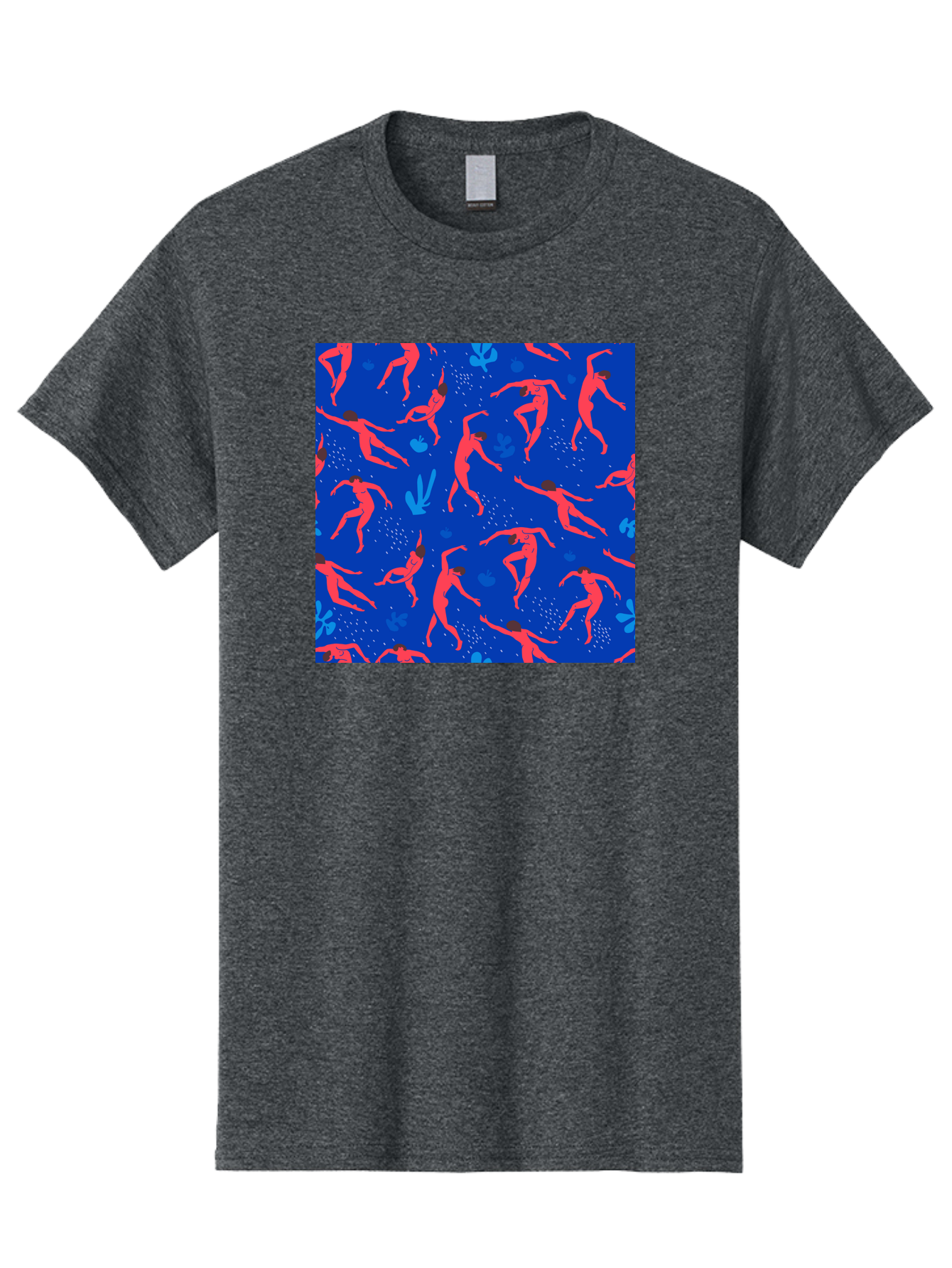 Dancing-Figures-2 Men'S Graphic Tee, 100% Cotton, Comfortable Casual Summer Wear, Machine Washable, Female Figures Dancing, Abstract Shapes, Vibrant Colors, Dynamic Patterns, Rhythmic Movement, Fitness Inspiration, Blue Background, Aab616