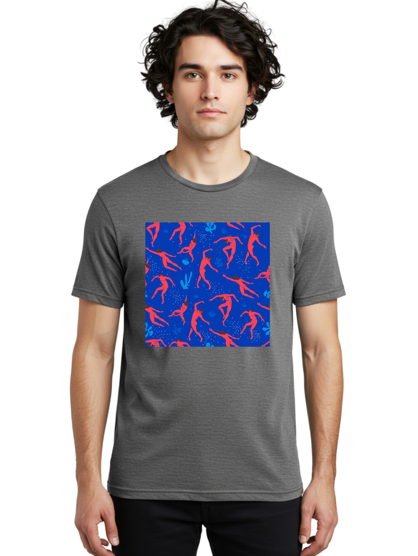 Dancing-Figures-2 Men'S Graphic Tee, 100% Cotton, Comfortable Casual Summer Wear, Machine Washable, Female Figures Dancing, Abstract Shapes, Vibrant Colors, Dynamic Patterns, Rhythmic Movement, Fitness Inspiration, Blue Background, Aab616