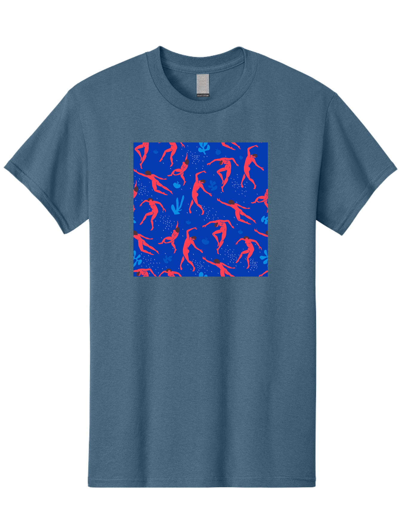 Dancing-Figures-2 Men'S Graphic Tee, 100% Cotton, Comfortable Casual Summer Wear, Machine Washable, Female Figures Dancing, Abstract Shapes, Vibrant Colors, Dynamic Patterns, Rhythmic Movement, Fitness Inspiration, Blue Background, Aab616