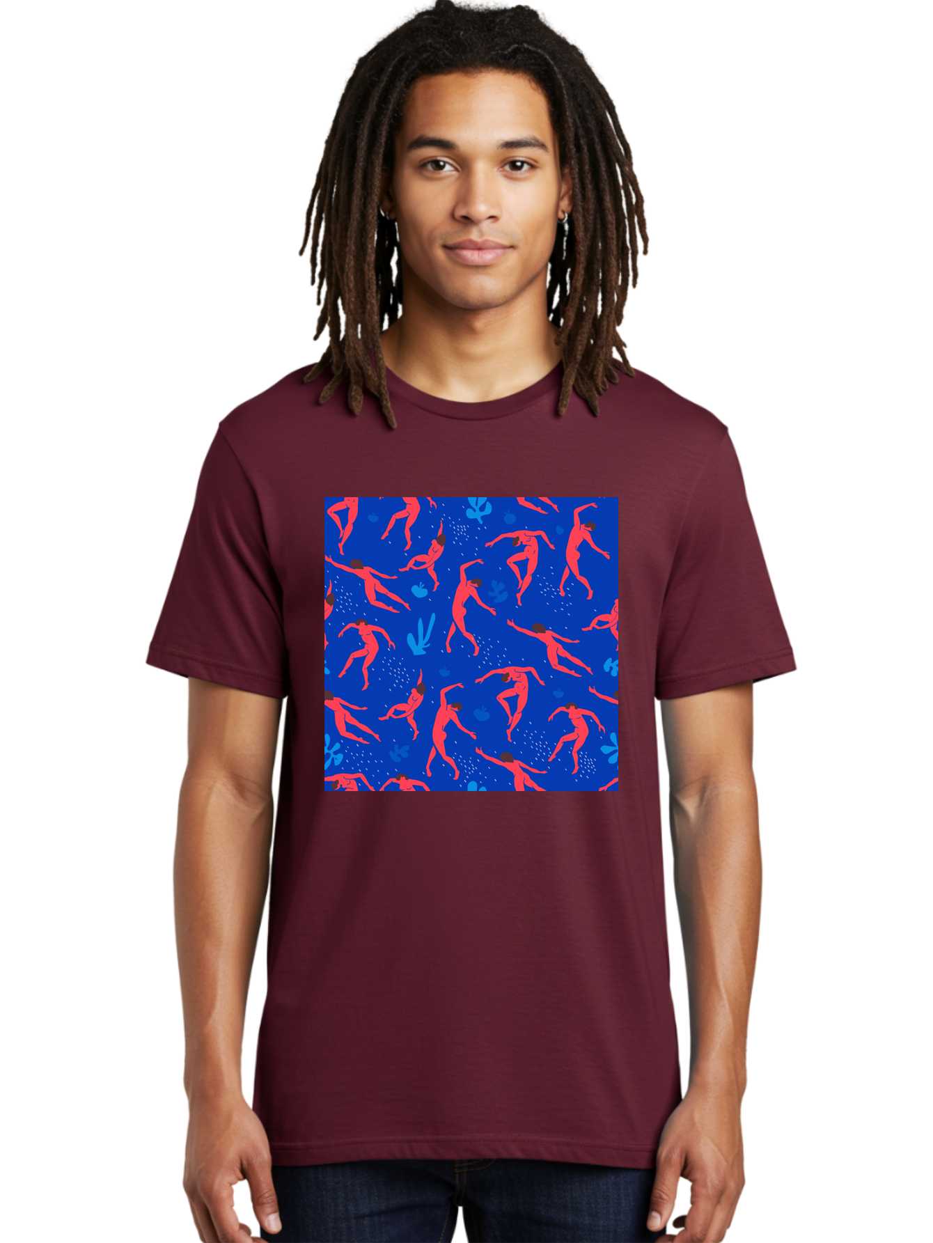 Dancing-Figures-2 Men'S Graphic Tee, 100% Cotton, Comfortable Casual Summer Wear, Machine Washable, Female Figures Dancing, Abstract Shapes, Vibrant Colors, Dynamic Patterns, Rhythmic Movement, Fitness Inspiration, Blue Background, Aab616