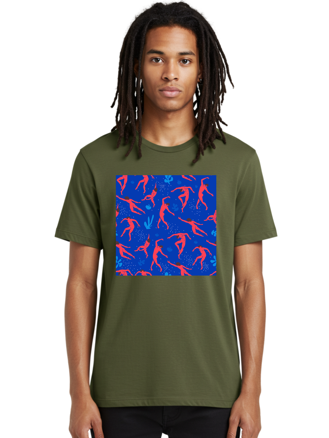 Dancing-Figures-2 Men'S Graphic Tee, 100% Cotton, Comfortable Casual Summer Wear, Machine Washable, Female Figures Dancing, Abstract Shapes, Vibrant Colors, Dynamic Patterns, Rhythmic Movement, Fitness Inspiration, Blue Background, Aab616
