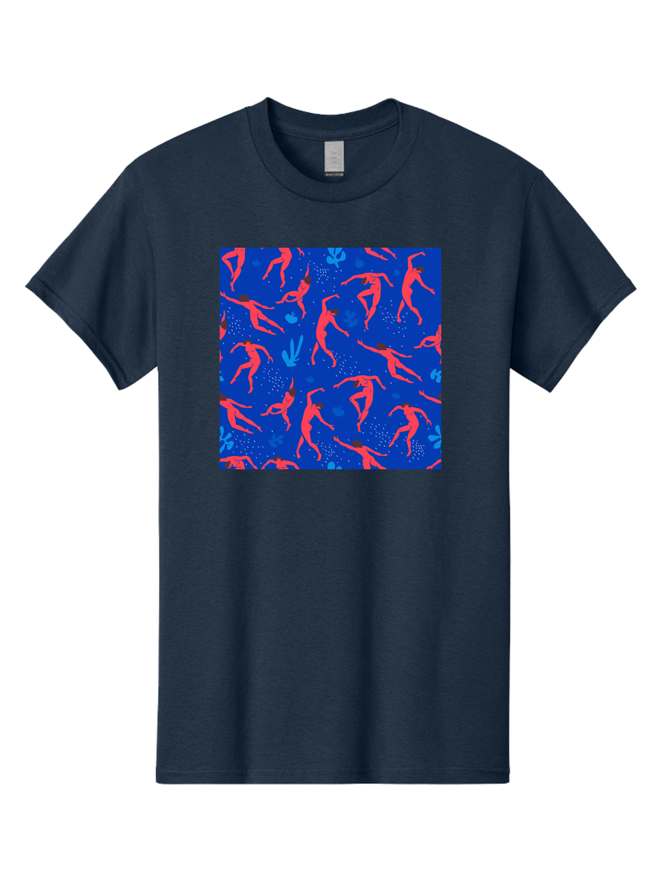 Dancing-Figures-2 Men'S Graphic Tee, 100% Cotton, Comfortable Casual Summer Wear, Machine Washable, Female Figures Dancing, Abstract Shapes, Vibrant Colors, Dynamic Patterns, Rhythmic Movement, Fitness Inspiration, Blue Background, Aab616