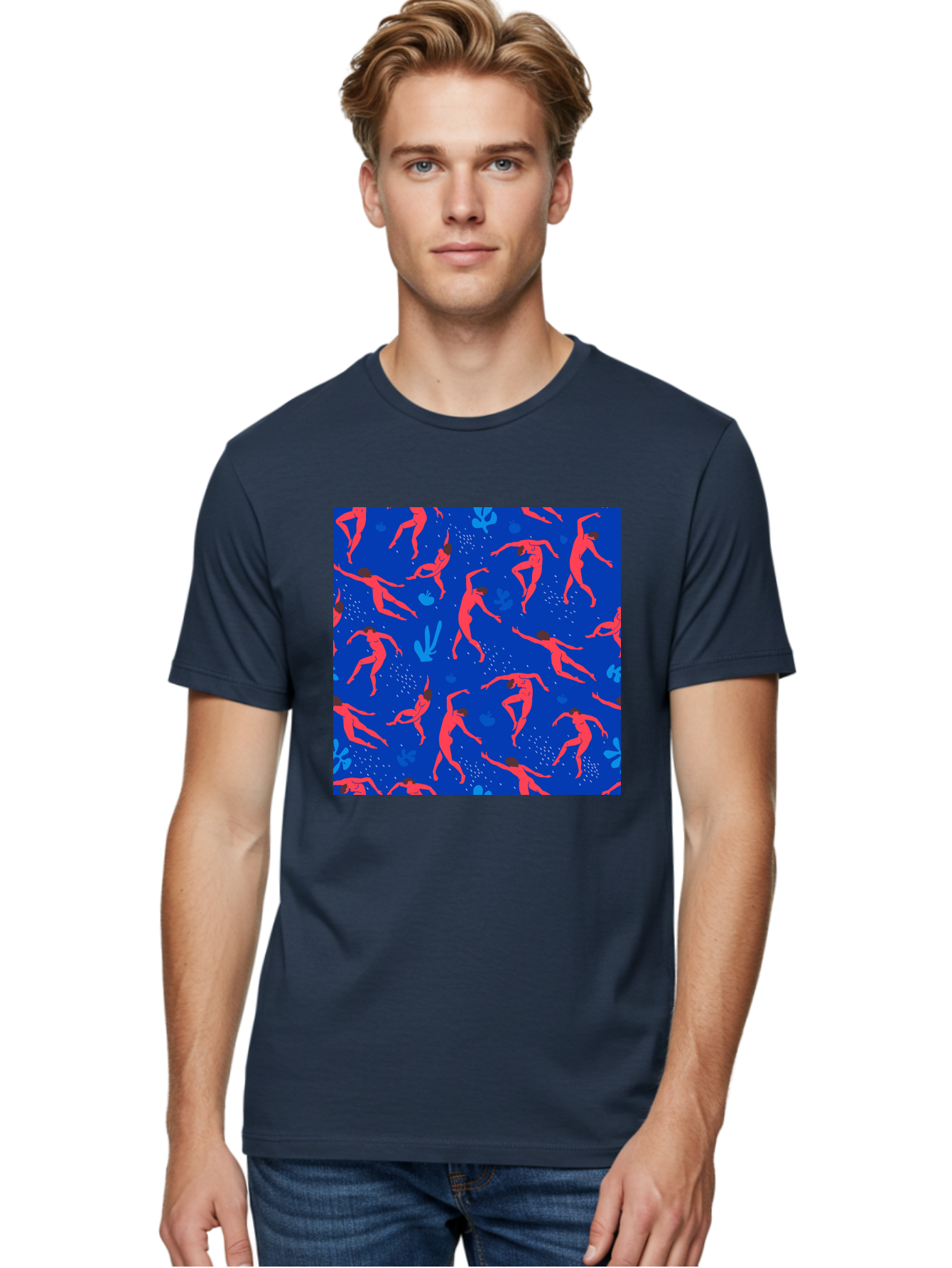 Dancing-Figures-2 Men'S Graphic Tee, 100% Cotton, Comfortable Casual Summer Wear, Machine Washable, Female Figures Dancing, Abstract Shapes, Vibrant Colors, Dynamic Patterns, Rhythmic Movement, Fitness Inspiration, Blue Background, Aab616