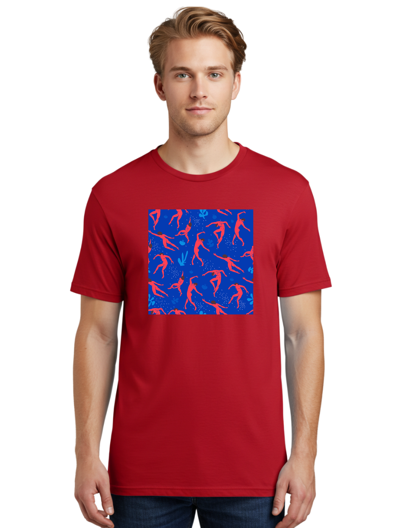 Dancing-Figures-2 Men'S Graphic Tee, 100% Cotton, Comfortable Casual Summer Wear, Machine Washable, Female Figures Dancing, Abstract Shapes, Vibrant Colors, Dynamic Patterns, Rhythmic Movement, Fitness Inspiration, Blue Background, Aab616