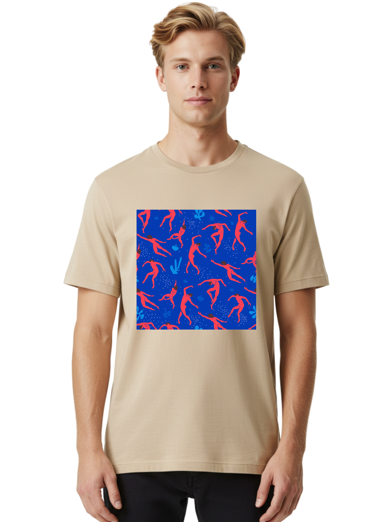Dancing-Figures-2 Men'S Graphic Tee, 100% Cotton, Comfortable Casual Summer Wear, Machine Washable, Female Figures Dancing, Abstract Shapes, Vibrant Colors, Dynamic Patterns, Rhythmic Movement, Fitness Inspiration, Blue Background, Aab616
