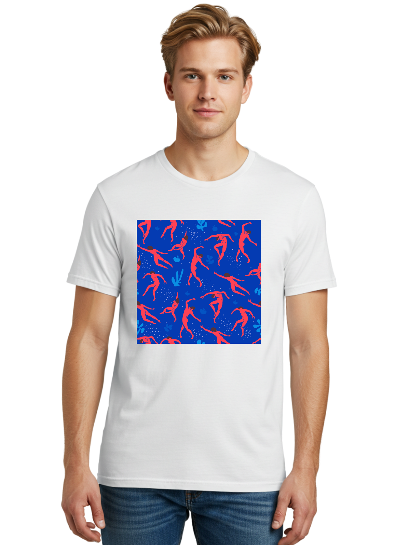 Dancing-Figures-2 Men'S Graphic Tee, 100% Cotton, Comfortable Casual Summer Wear, Machine Washable, Female Figures Dancing, Abstract Shapes, Vibrant Colors, Dynamic Patterns, Rhythmic Movement, Fitness Inspiration, Blue Background, Aab616