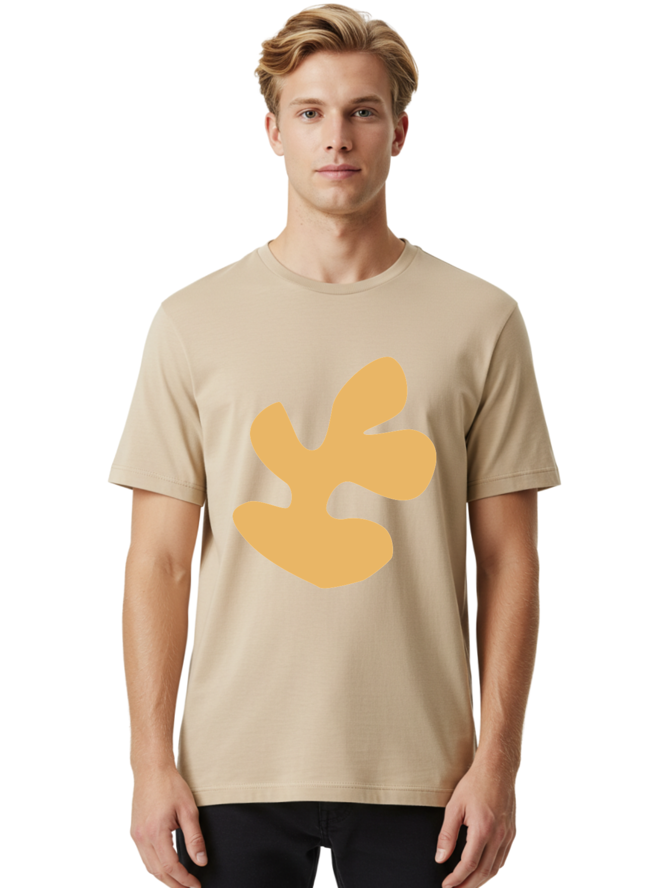 Ginkgo-Leaf Men'S Graphic Tee, 100% Cotton, Comfortable Casual Summer Wear, Machine Washable, Ginko Leaf, Abstract Shape, Minimalist Design, Simple Graphics, Tan Color, Modern Art, Digital Illustration Aab619