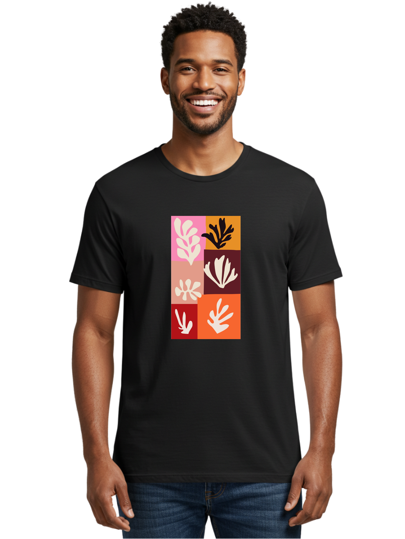 Leaf-Patterns Men'S Graphic Tee, 100% Cotton, Comfortable Casual Summer Wear, Machine Washable, Abstract Art, Cut-Out Technique, Floral Motifs, Bold Colors, Minimalist Design, Modern Art, Decorative Patterns, Leaf Silhouettes, Artistic Collage Aab622