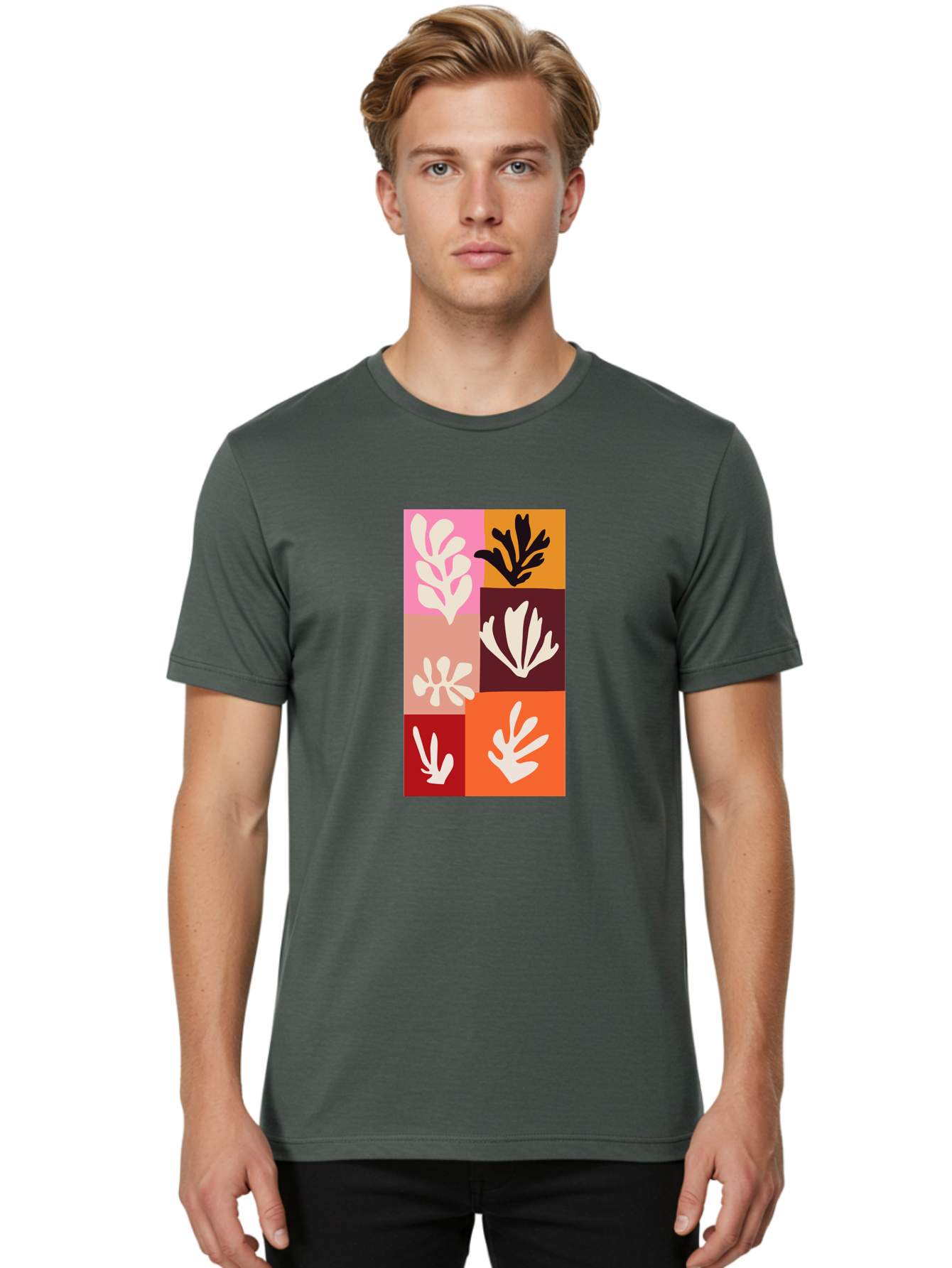 Leaf-Patterns Men'S Graphic Tee, 100% Cotton, Comfortable Casual Summer Wear, Machine Washable, Abstract Art, Cut-Out Technique, Floral Motifs, Bold Colors, Minimalist Design, Modern Art, Decorative Patterns, Leaf Silhouettes, Artistic Collage Aab622