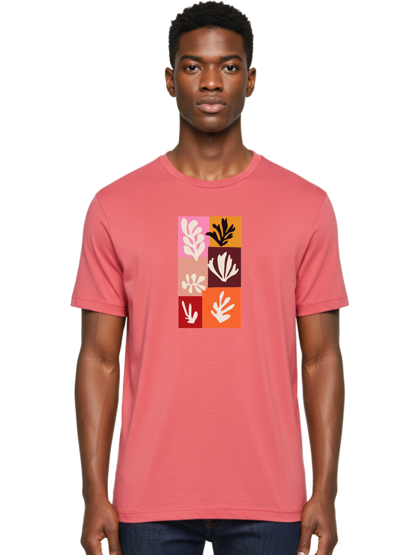 Leaf-Patterns Men'S Graphic Tee, 100% Cotton, Comfortable Casual Summer Wear, Machine Washable, Abstract Art, Cut-Out Technique, Floral Motifs, Bold Colors, Minimalist Design, Modern Art, Decorative Patterns, Leaf Silhouettes, Artistic Collage Aab622