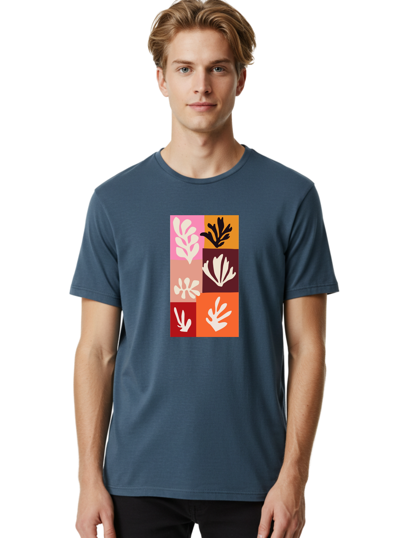 Leaf-Patterns Men'S Graphic Tee, 100% Cotton, Comfortable Casual Summer Wear, Machine Washable, Abstract Art, Cut-Out Technique, Floral Motifs, Bold Colors, Minimalist Design, Modern Art, Decorative Patterns, Leaf Silhouettes, Artistic Collage Aab622