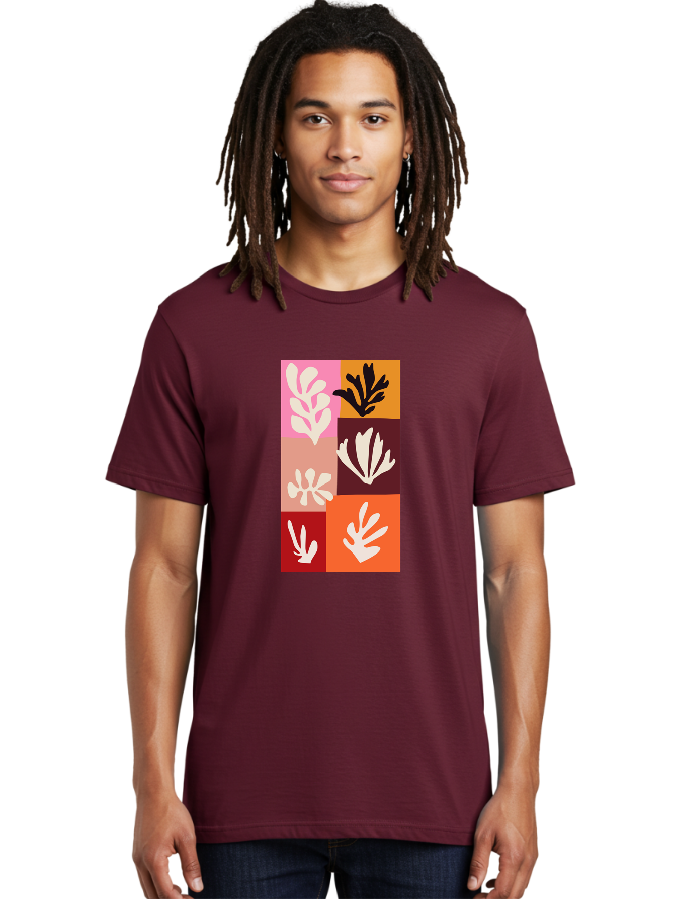 Leaf-Patterns Men'S Graphic Tee, 100% Cotton, Comfortable Casual Summer Wear, Machine Washable, Abstract Art, Cut-Out Technique, Floral Motifs, Bold Colors, Minimalist Design, Modern Art, Decorative Patterns, Leaf Silhouettes, Artistic Collage Aab622