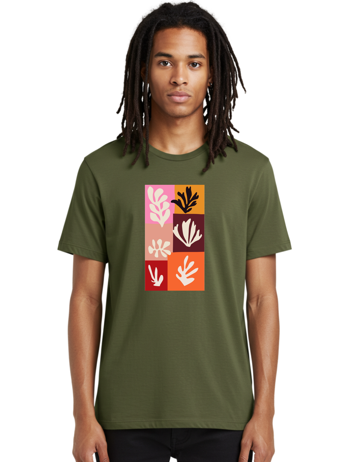 Leaf-Patterns Men'S Graphic Tee, 100% Cotton, Comfortable Casual Summer Wear, Machine Washable, Abstract Art, Cut-Out Technique, Floral Motifs, Bold Colors, Minimalist Design, Modern Art, Decorative Patterns, Leaf Silhouettes, Artistic Collage Aab622