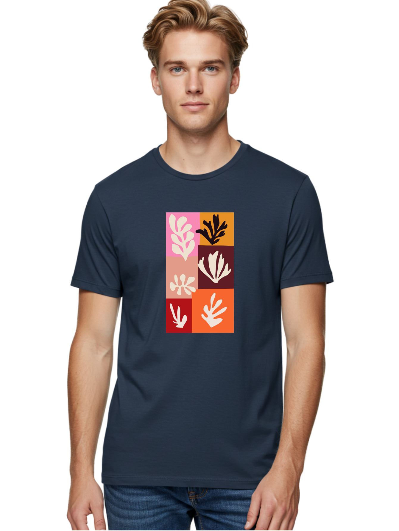 Leaf-Patterns Men'S Graphic Tee, 100% Cotton, Comfortable Casual Summer Wear, Machine Washable, Abstract Art, Cut-Out Technique, Floral Motifs, Bold Colors, Minimalist Design, Modern Art, Decorative Patterns, Leaf Silhouettes, Artistic Collage Aab622