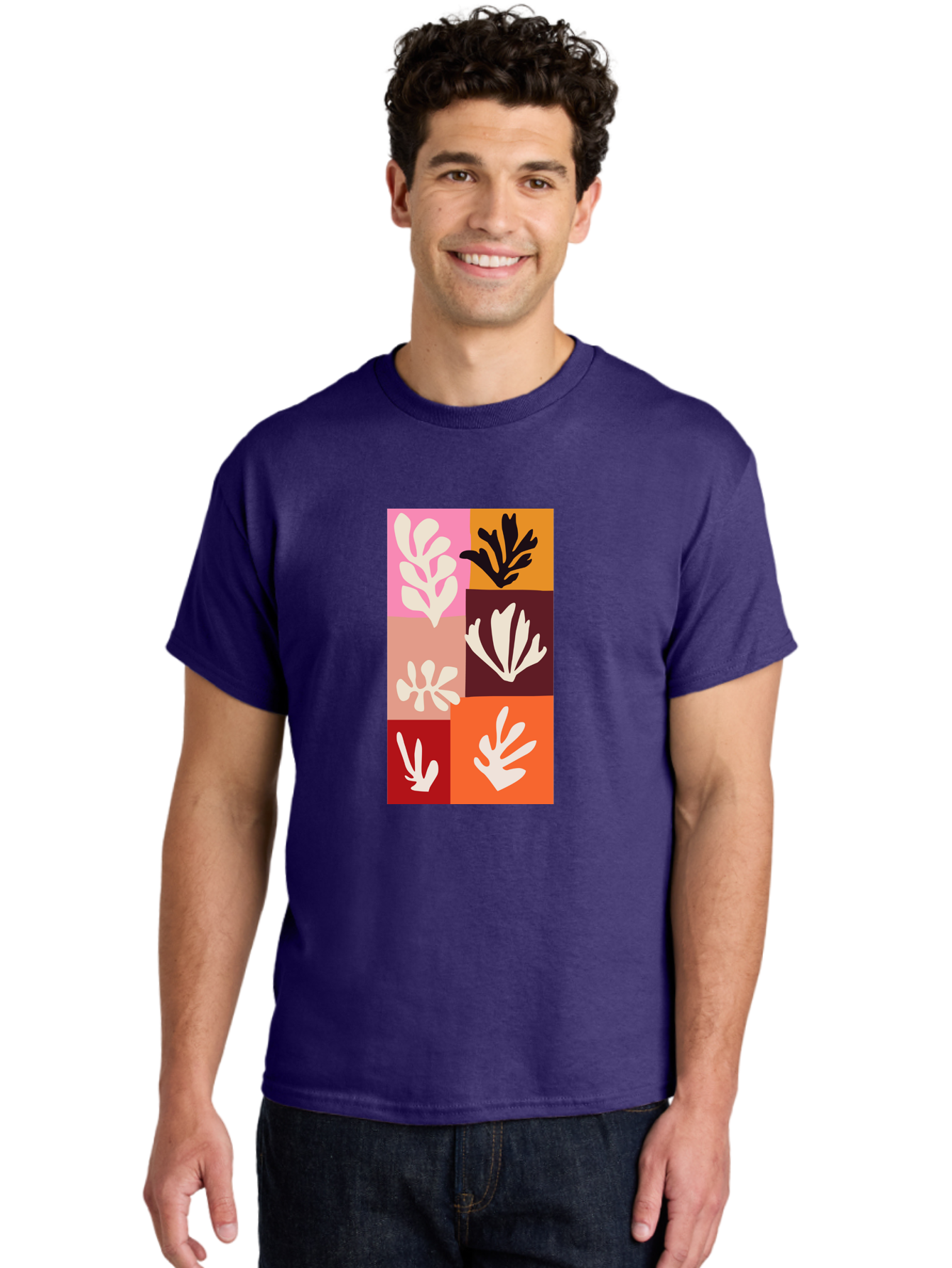 Leaf-Patterns Men'S Graphic Tee, 100% Cotton, Comfortable Casual Summer Wear, Machine Washable, Abstract Art, Cut-Out Technique, Floral Motifs, Bold Colors, Minimalist Design, Modern Art, Decorative Patterns, Leaf Silhouettes, Artistic Collage Aab622