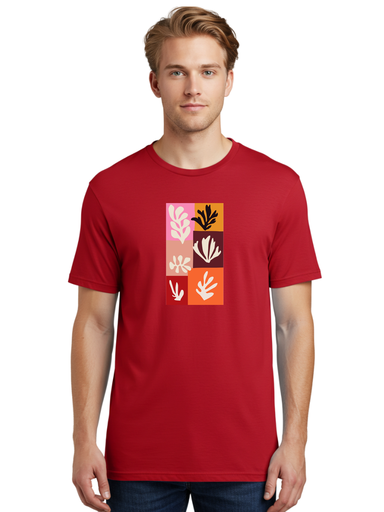 Leaf-Patterns Men'S Graphic Tee, 100% Cotton, Comfortable Casual Summer Wear, Machine Washable, Abstract Art, Cut-Out Technique, Floral Motifs, Bold Colors, Minimalist Design, Modern Art, Decorative Patterns, Leaf Silhouettes, Artistic Collage Aab622