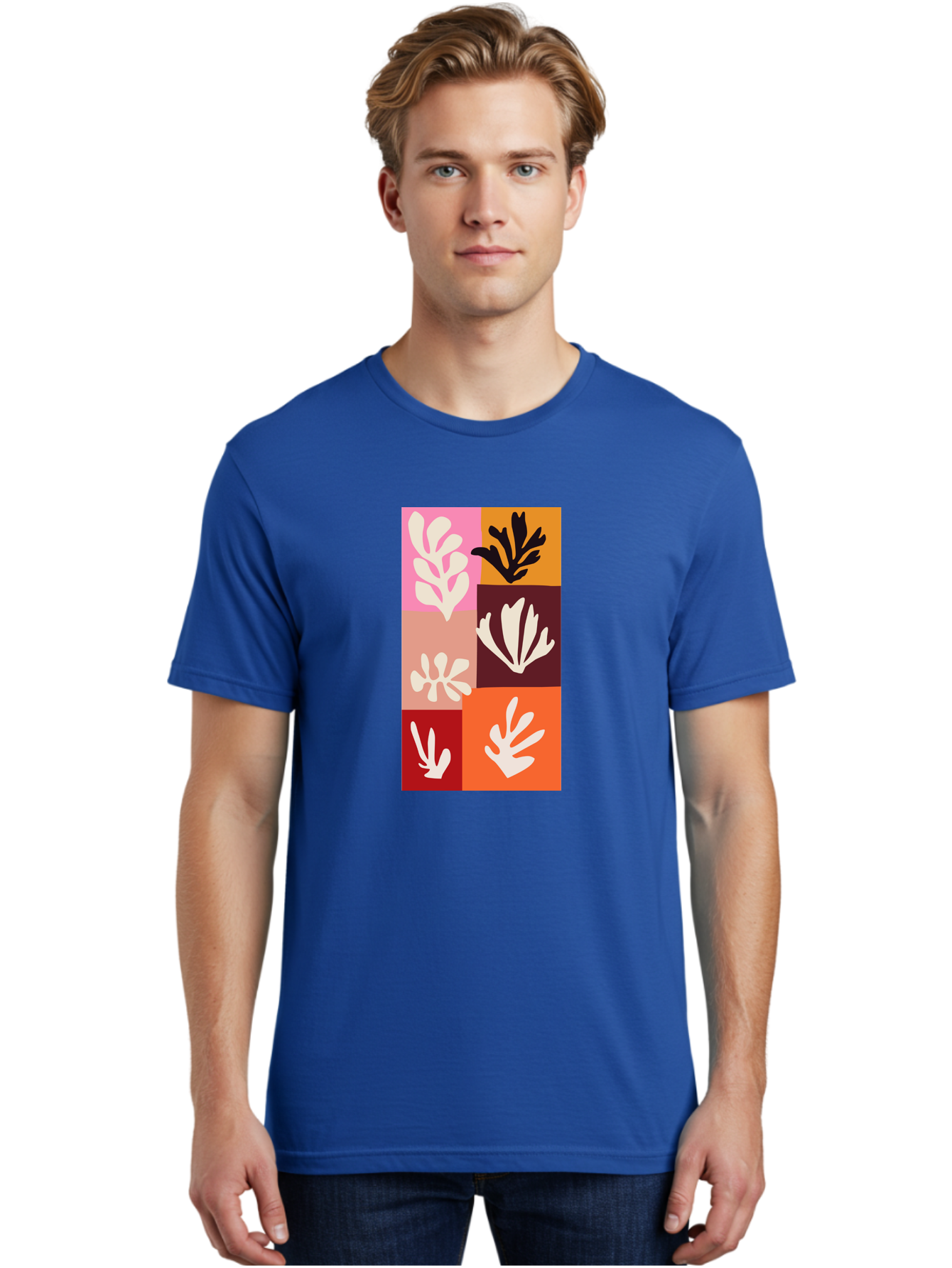 Leaf-Patterns Men'S Graphic Tee, 100% Cotton, Comfortable Casual Summer Wear, Machine Washable, Abstract Art, Cut-Out Technique, Floral Motifs, Bold Colors, Minimalist Design, Modern Art, Decorative Patterns, Leaf Silhouettes, Artistic Collage Aab622