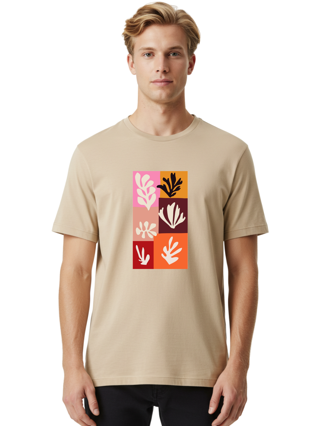 Leaf-Patterns Men'S Graphic Tee, 100% Cotton, Comfortable Casual Summer Wear, Machine Washable, Abstract Art, Cut-Out Technique, Floral Motifs, Bold Colors, Minimalist Design, Modern Art, Decorative Patterns, Leaf Silhouettes, Artistic Collage Aab622