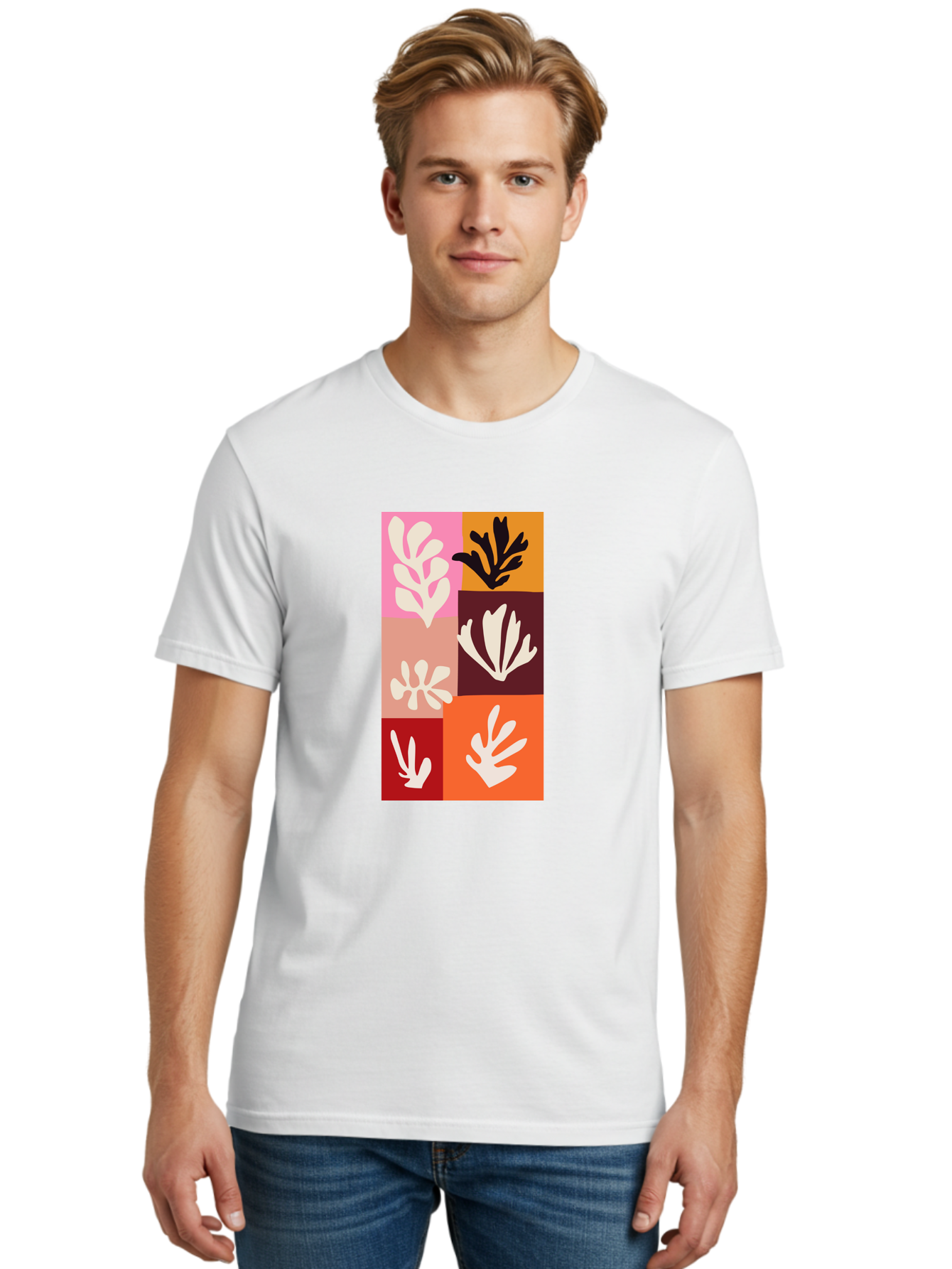 Leaf-Patterns Men'S Graphic Tee, 100% Cotton, Comfortable Casual Summer Wear, Machine Washable, Abstract Art, Cut-Out Technique, Floral Motifs, Bold Colors, Minimalist Design, Modern Art, Decorative Patterns, Leaf Silhouettes, Artistic Collage Aab622