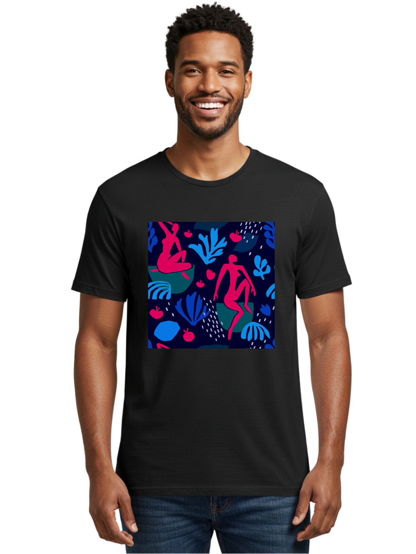 People-In-Nature Men'S Graphic Tee, 100% Cotton, Comfortable Casual Summer Wear, Machine Washable, Stylized Female Figures, Botanical Elements, Abstract Shapes, Vibrant Colors, Dynamic Composition, Modern Art, Surrealism, Creative Expression Aab624