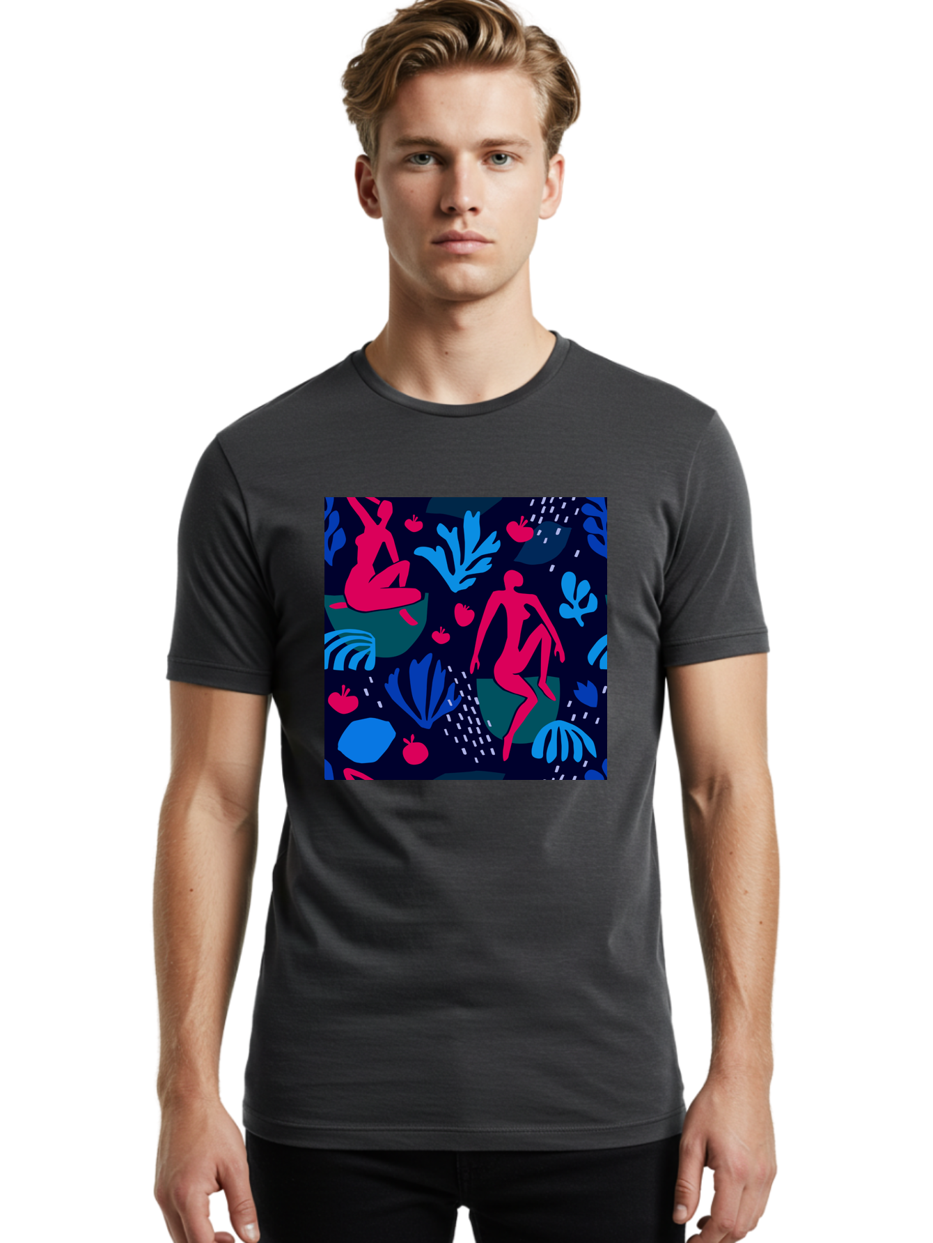 People-In-Nature Men'S Graphic Tee, 100% Cotton, Comfortable Casual Summer Wear, Machine Washable, Stylized Female Figures, Botanical Elements, Abstract Shapes, Vibrant Colors, Dynamic Composition, Modern Art, Surrealism, Creative Expression Aab624