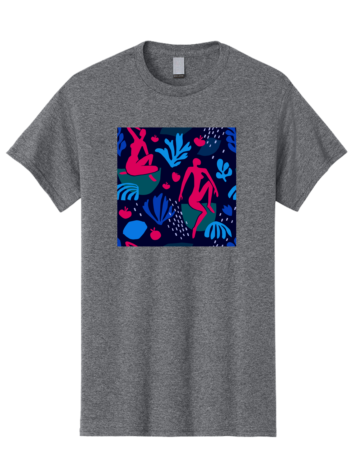 People-In-Nature Men'S Graphic Tee, 100% Cotton, Comfortable Casual Summer Wear, Machine Washable, Stylized Female Figures, Botanical Elements, Abstract Shapes, Vibrant Colors, Dynamic Composition, Modern Art, Surrealism, Creative Expression Aab624