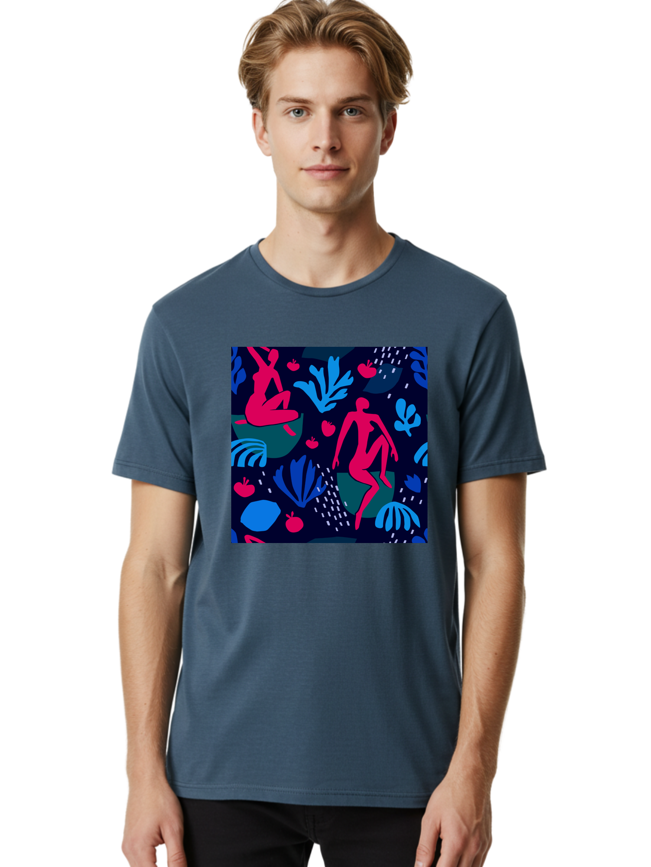 People-In-Nature Men'S Graphic Tee, 100% Cotton, Comfortable Casual Summer Wear, Machine Washable, Stylized Female Figures, Botanical Elements, Abstract Shapes, Vibrant Colors, Dynamic Composition, Modern Art, Surrealism, Creative Expression Aab624