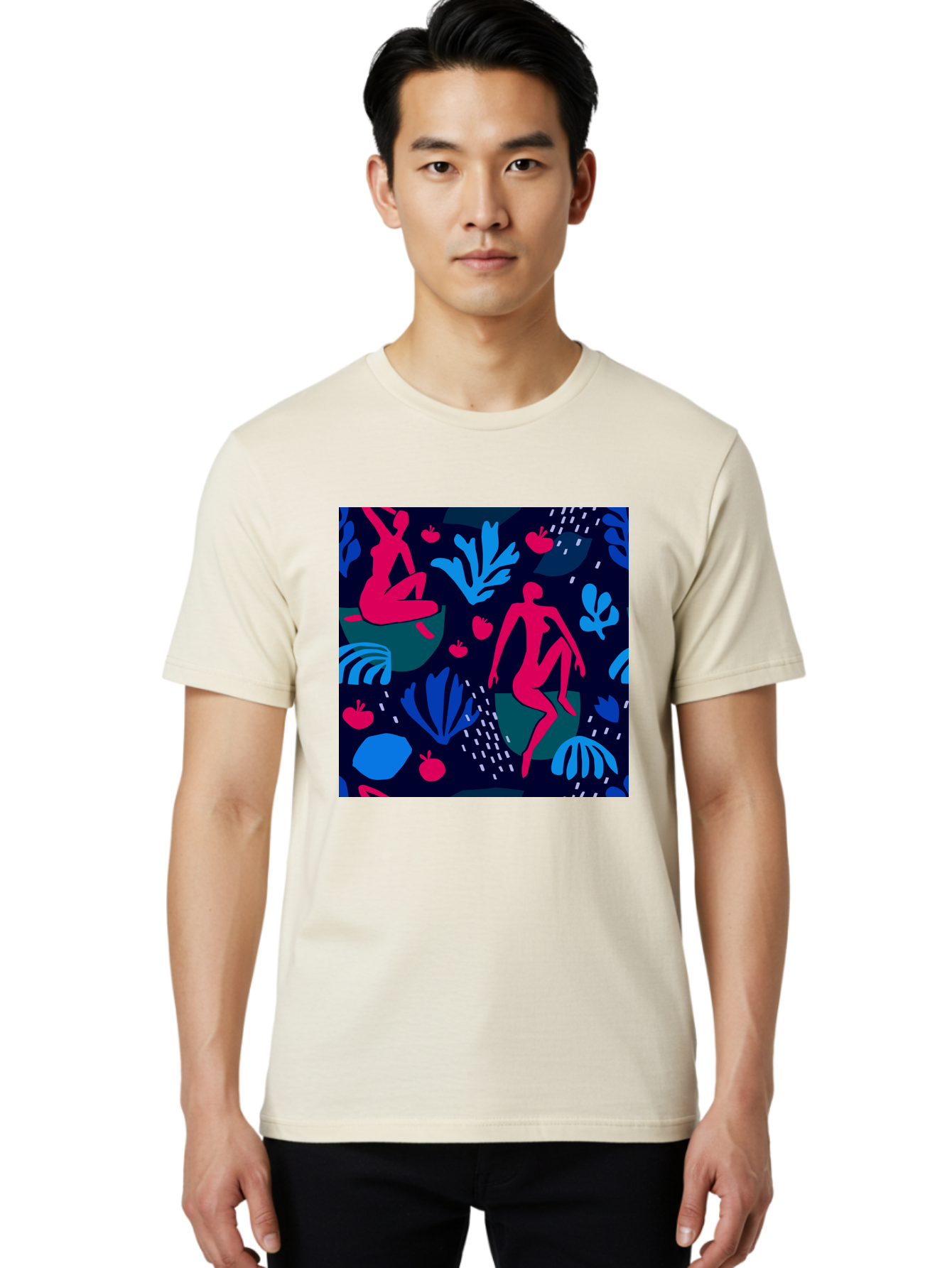 People-In-Nature Men'S Graphic Tee, 100% Cotton, Comfortable Casual Summer Wear, Machine Washable, Stylized Female Figures, Botanical Elements, Abstract Shapes, Vibrant Colors, Dynamic Composition, Modern Art, Surrealism, Creative Expression Aab624