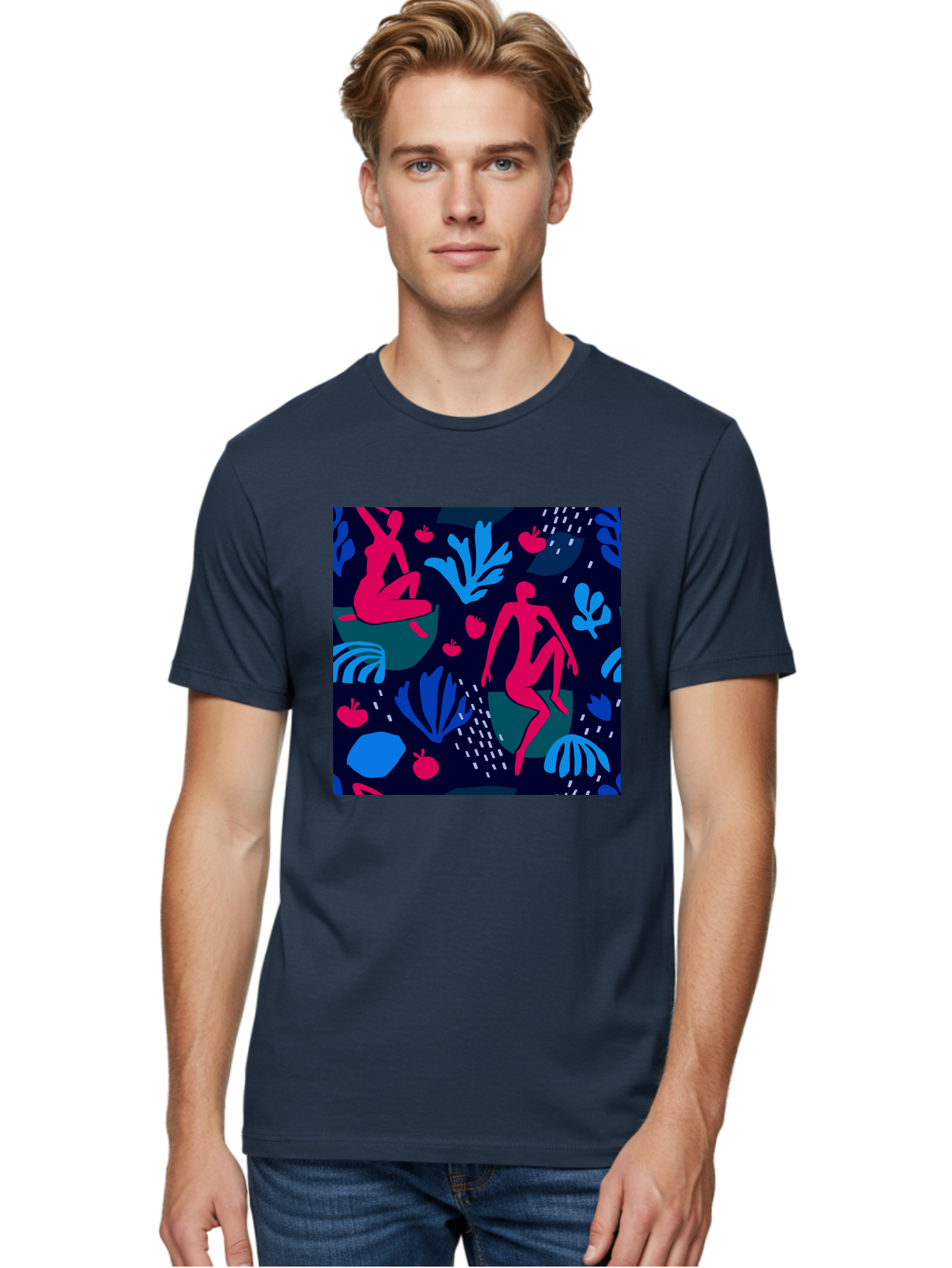 People-In-Nature Men'S Graphic Tee, 100% Cotton, Comfortable Casual Summer Wear, Machine Washable, Stylized Female Figures, Botanical Elements, Abstract Shapes, Vibrant Colors, Dynamic Composition, Modern Art, Surrealism, Creative Expression Aab624