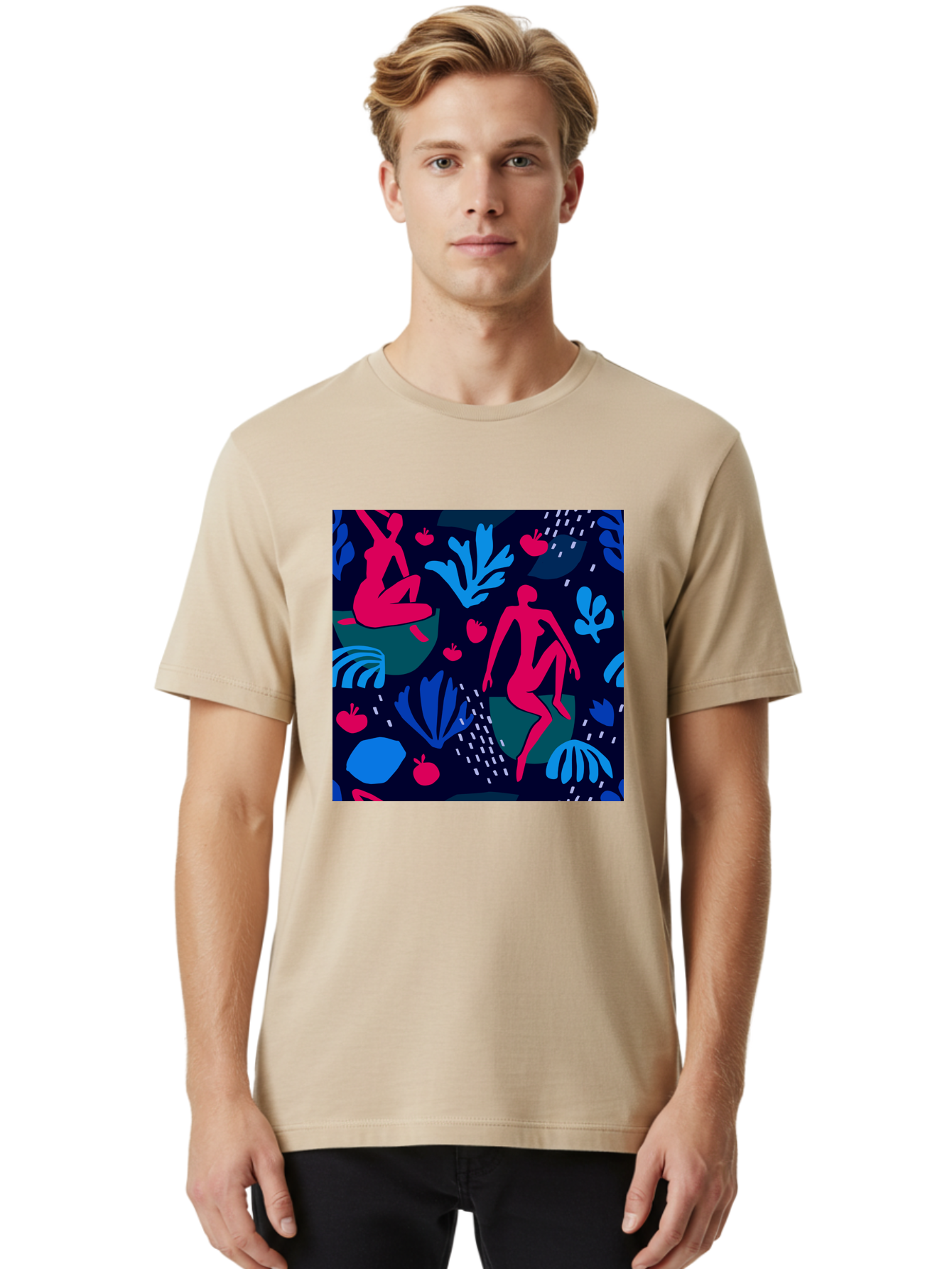 People-In-Nature Men'S Graphic Tee, 100% Cotton, Comfortable Casual Summer Wear, Machine Washable, Stylized Female Figures, Botanical Elements, Abstract Shapes, Vibrant Colors, Dynamic Composition, Modern Art, Surrealism, Creative Expression Aab624