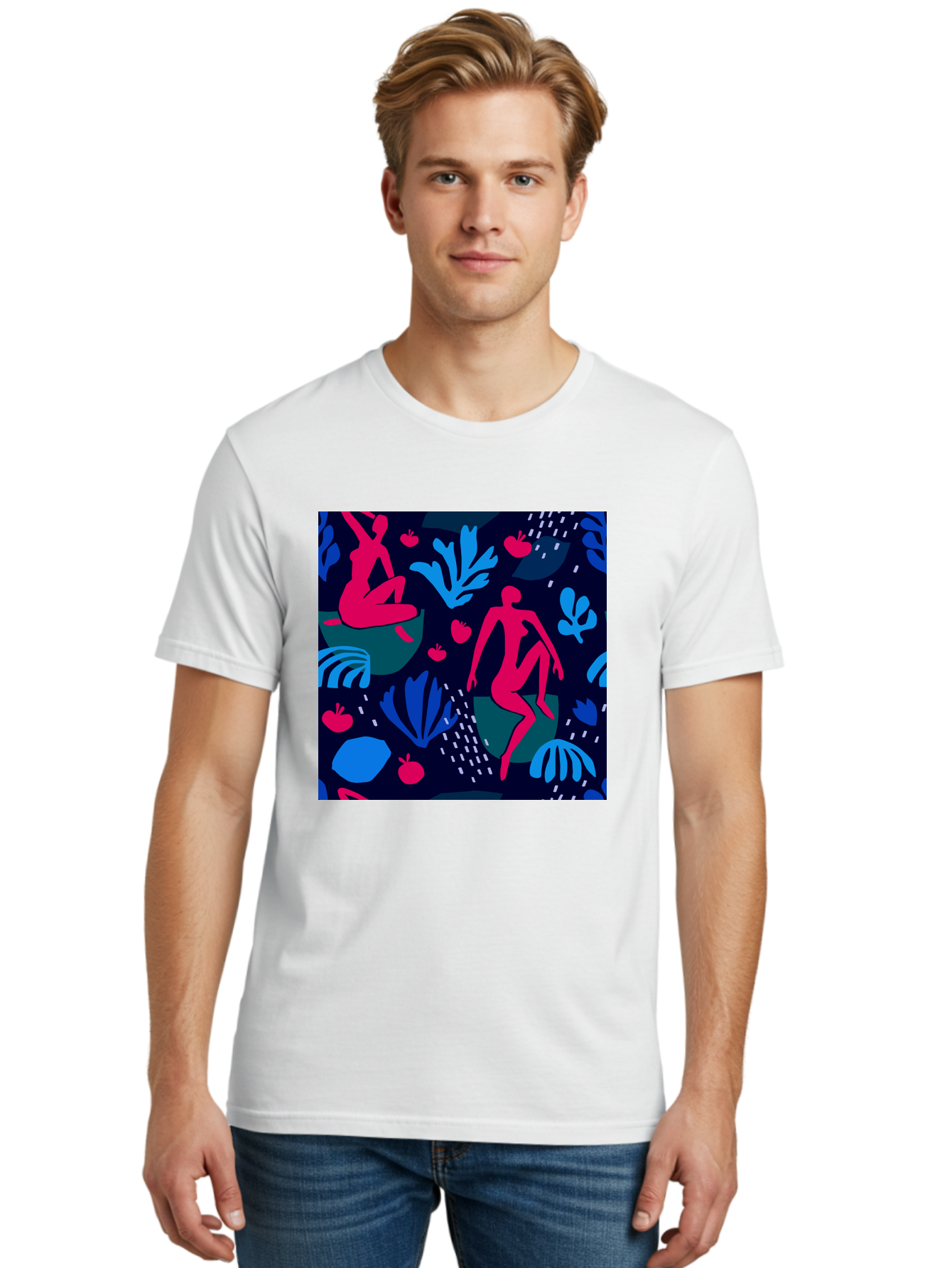 People-In-Nature Men'S Graphic Tee, 100% Cotton, Comfortable Casual Summer Wear, Machine Washable, Stylized Female Figures, Botanical Elements, Abstract Shapes, Vibrant Colors, Dynamic Composition, Modern Art, Surrealism, Creative Expression Aab624