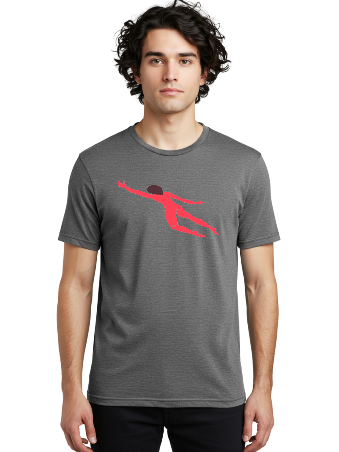 Pink-Silhouette Men'S Graphic Tee, 100% Cotton, Comfortable Casual Summer Wear, Machine Washable, Swimming Motion, Aquatic Activity, Sports, Dynamic Movement, Water Sports, Freestyle Swimmer, Red Figure, Fluid Motion Aab630