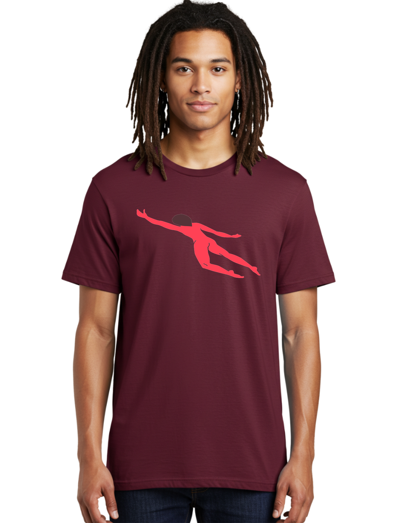 Pink-Silhouette Men'S Graphic Tee, 100% Cotton, Comfortable Casual Summer Wear, Machine Washable, Swimming Motion, Aquatic Activity, Sports, Dynamic Movement, Water Sports, Freestyle Swimmer, Red Figure, Fluid Motion Aab630