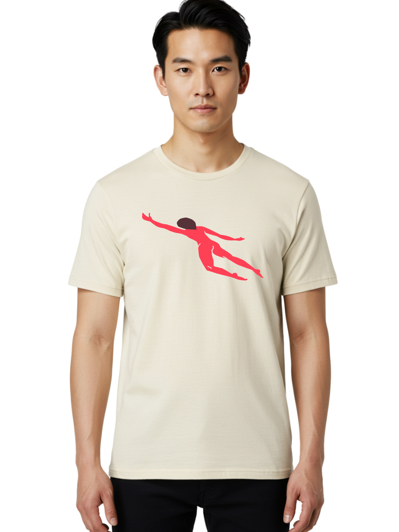 Pink-Silhouette Men'S Graphic Tee, 100% Cotton, Comfortable Casual Summer Wear, Machine Washable, Swimming Motion, Aquatic Activity, Sports, Dynamic Movement, Water Sports, Freestyle Swimmer, Red Figure, Fluid Motion Aab630