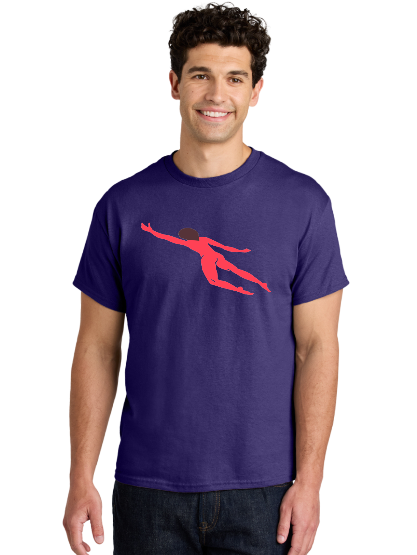 Pink-Silhouette Men'S Graphic Tee, 100% Cotton, Comfortable Casual Summer Wear, Machine Washable, Swimming Motion, Aquatic Activity, Sports, Dynamic Movement, Water Sports, Freestyle Swimmer, Red Figure, Fluid Motion Aab630
