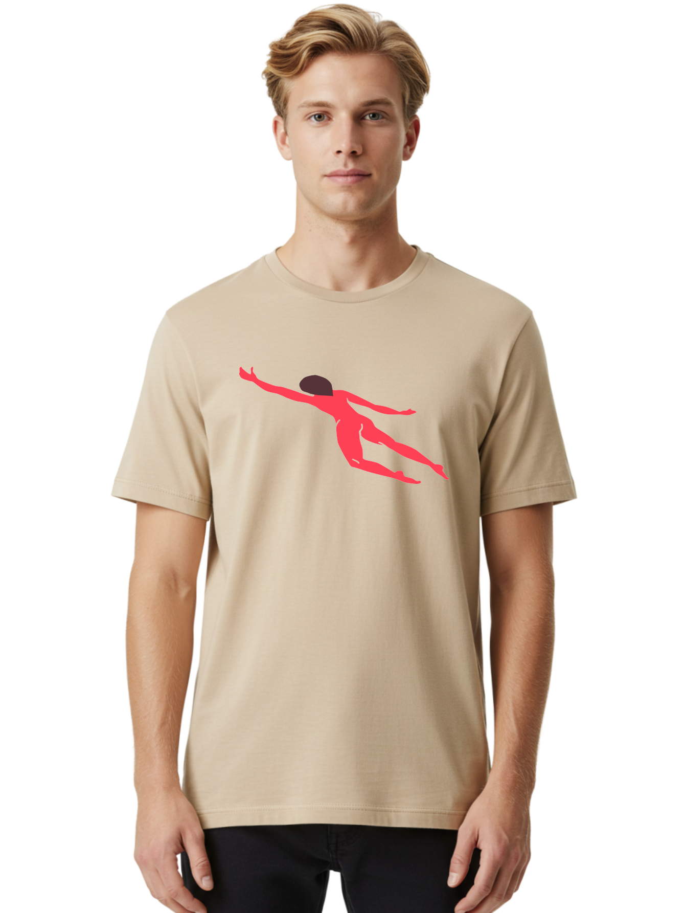 Pink-Silhouette Men'S Graphic Tee, 100% Cotton, Comfortable Casual Summer Wear, Machine Washable, Swimming Motion, Aquatic Activity, Sports, Dynamic Movement, Water Sports, Freestyle Swimmer, Red Figure, Fluid Motion Aab630