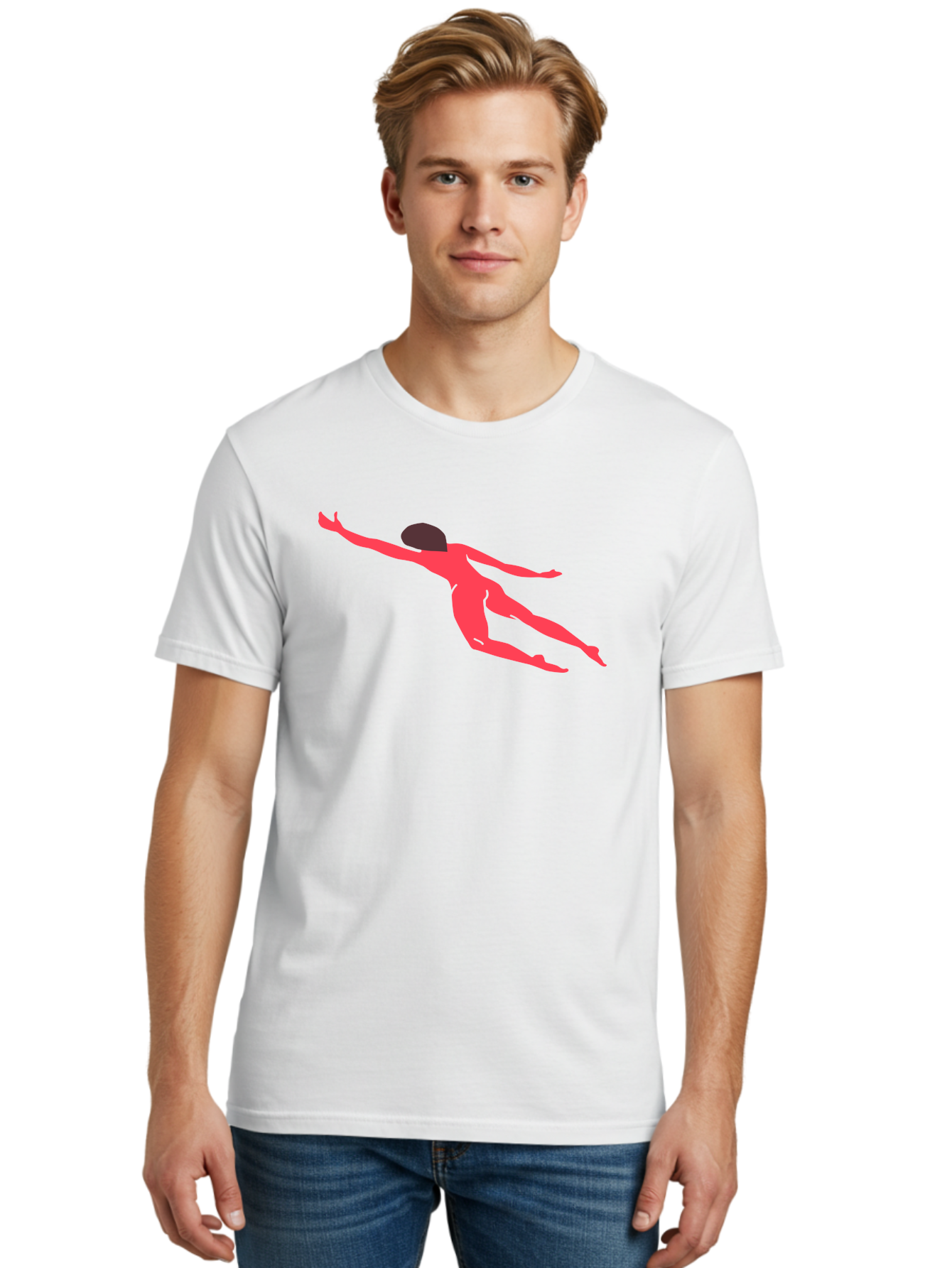 Pink-Silhouette Men'S Graphic Tee, 100% Cotton, Comfortable Casual Summer Wear, Machine Washable, Swimming Motion, Aquatic Activity, Sports, Dynamic Movement, Water Sports, Freestyle Swimmer, Red Figure, Fluid Motion Aab630