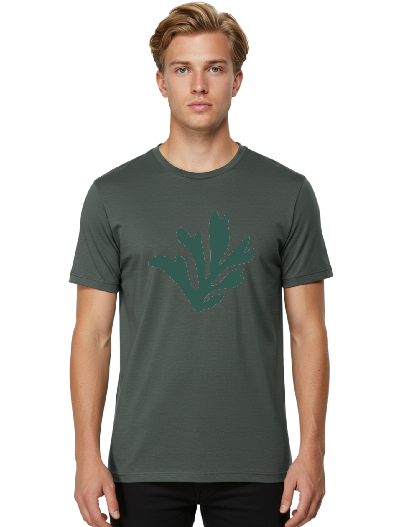 Seaweed-Silhouette Men'S Graphic Tee, 100% Cotton, Comfortable Casual Summer Wear, Machine Washable, Seaweed Silhouette, Ocean Flora, Underwater Plants, Marine Life, Dark Green, Abstract Shape, Simple Design, Minimalist Art Aab634