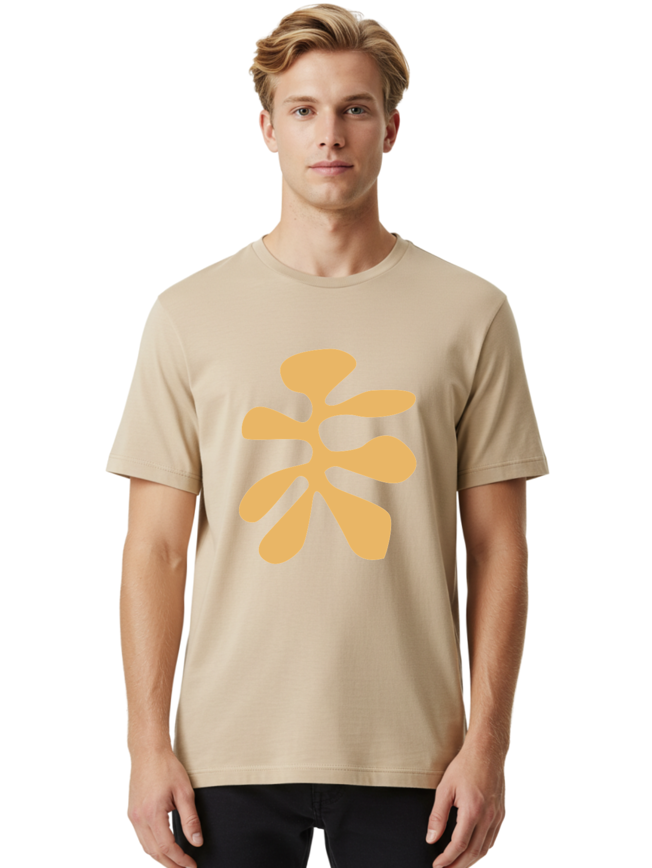 Tan-Asterisk Men'S Graphic Tee, 100% Cotton, Comfortable Casual Summer Wear, Machine Washable, Stylized Flower, Abstract Design, Modern Art, Minimalist Style, Orange Shape, Floral Motif, Simple Graphics, Contemporary Design Aab635