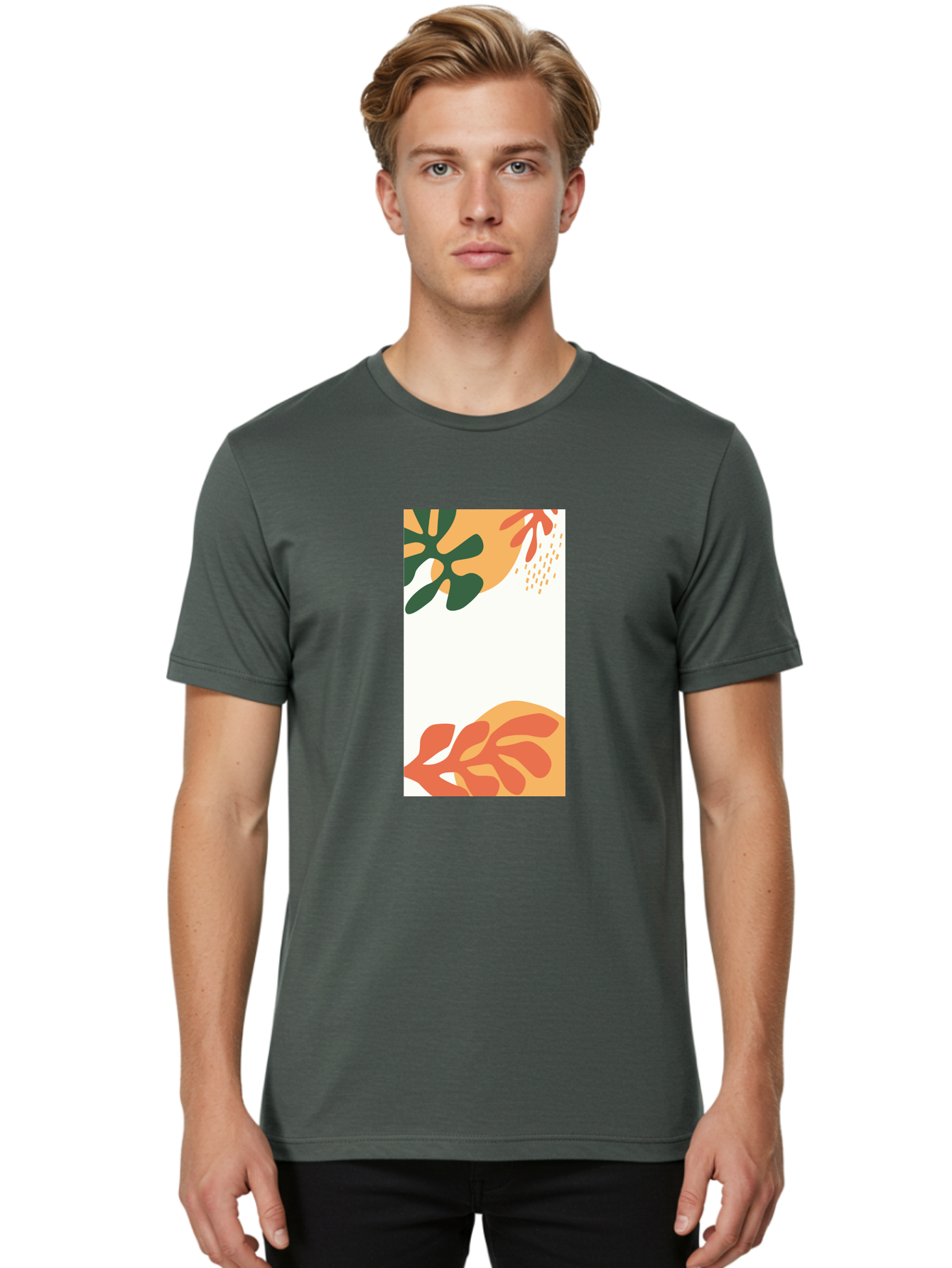 Tropical-Leaves Men'S Graphic Tee, 100% Cotton, Comfortable Casual Summer Wear, Machine Washable, Tropical Leaves, Abstract Art, Modern Design, Minimalist Style, Orange And Green Hues, Creative Graphics, Digital Illustration, Contemporary Art Aab636