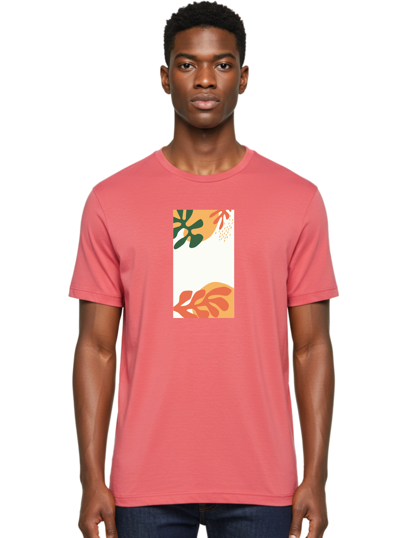 Tropical-Leaves Men'S Graphic Tee, 100% Cotton, Comfortable Casual Summer Wear, Machine Washable, Tropical Leaves, Abstract Art, Modern Design, Minimalist Style, Orange And Green Hues, Creative Graphics, Digital Illustration, Contemporary Art Aab636