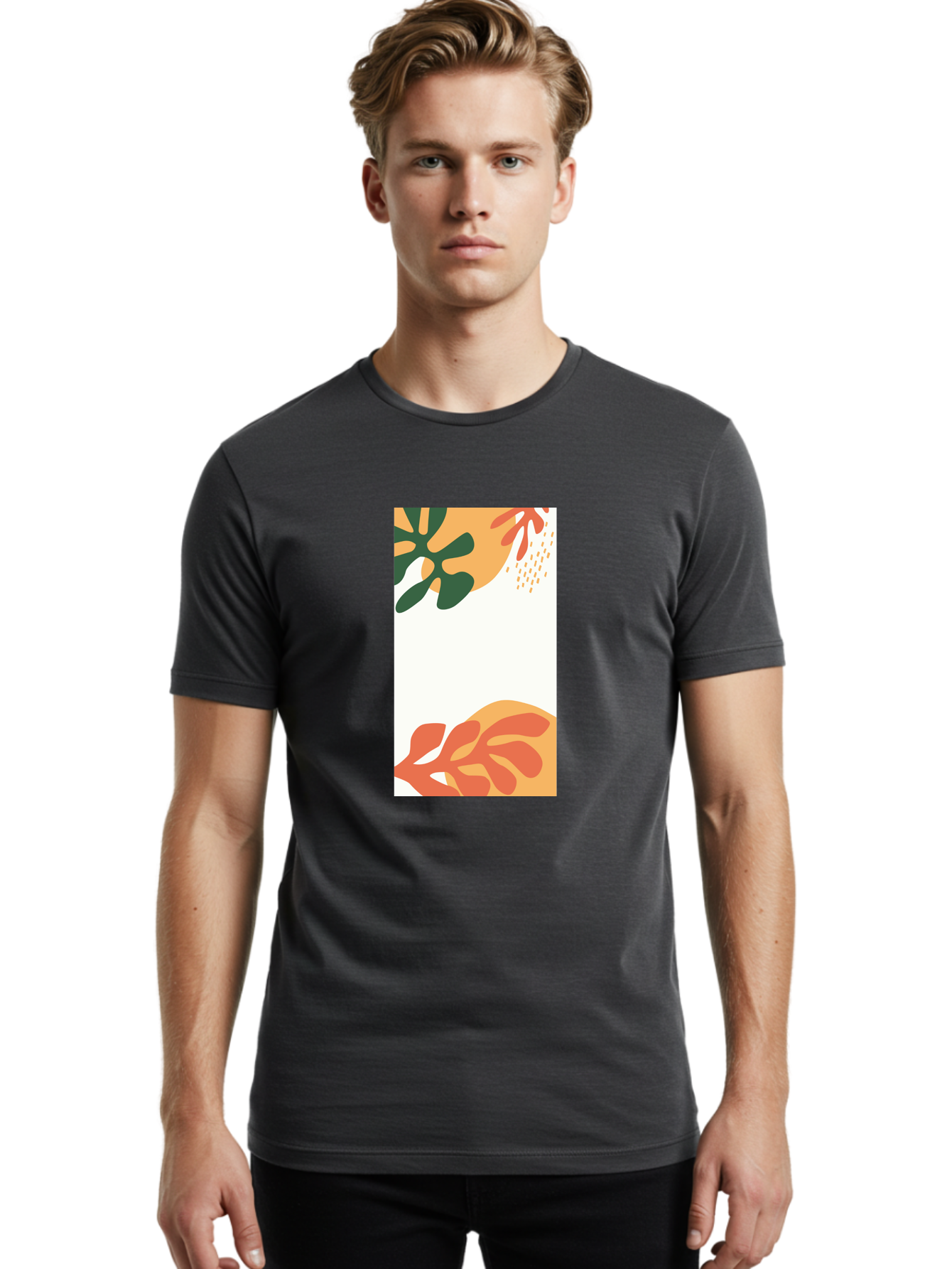 Tropical-Leaves Men'S Graphic Tee, 100% Cotton, Comfortable Casual Summer Wear, Machine Washable, Tropical Leaves, Abstract Art, Modern Design, Minimalist Style, Orange And Green Hues, Creative Graphics, Digital Illustration, Contemporary Art Aab636