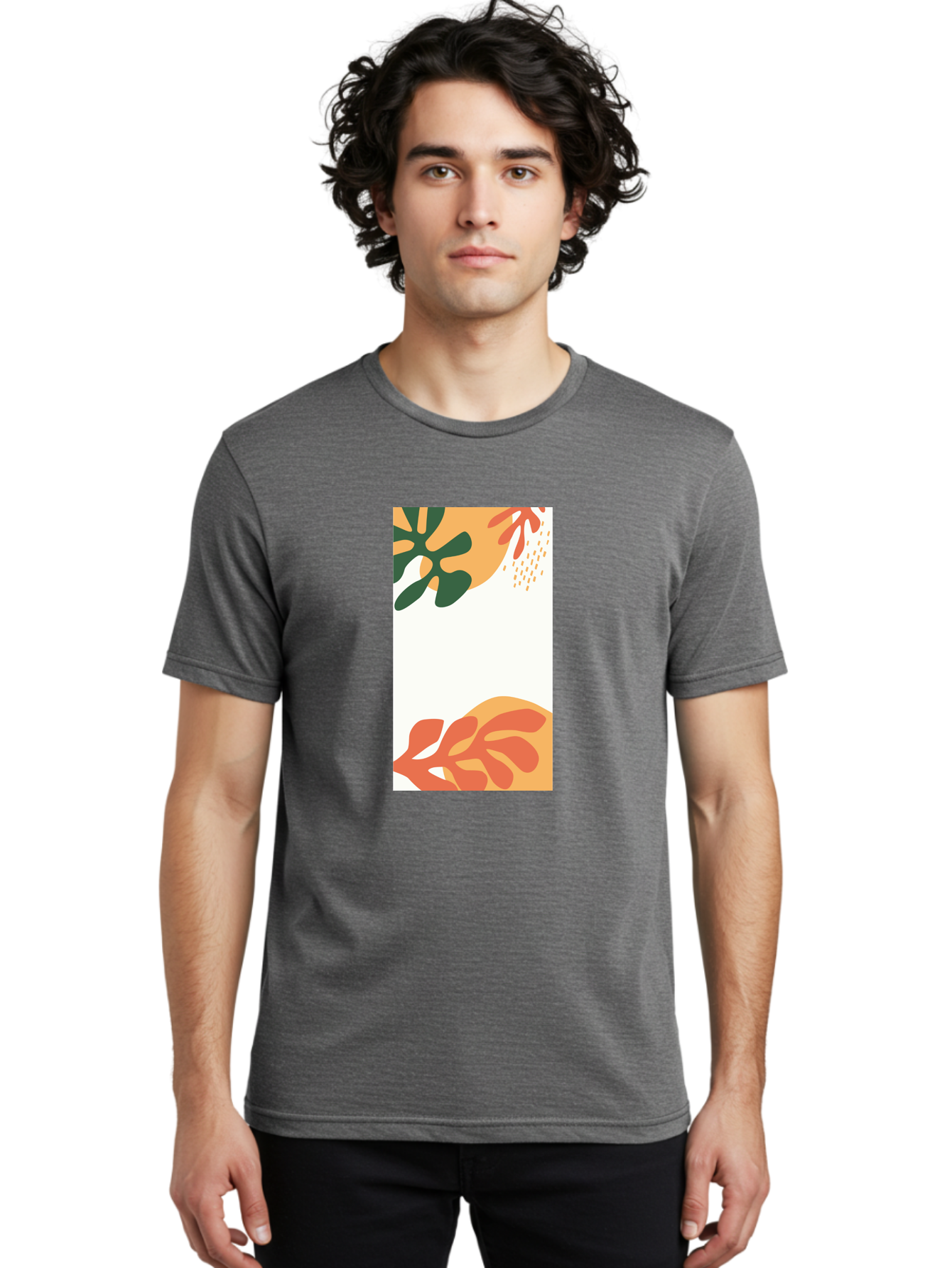 Tropical-Leaves Men'S Graphic Tee, 100% Cotton, Comfortable Casual Summer Wear, Machine Washable, Tropical Leaves, Abstract Art, Modern Design, Minimalist Style, Orange And Green Hues, Creative Graphics, Digital Illustration, Contemporary Art Aab636