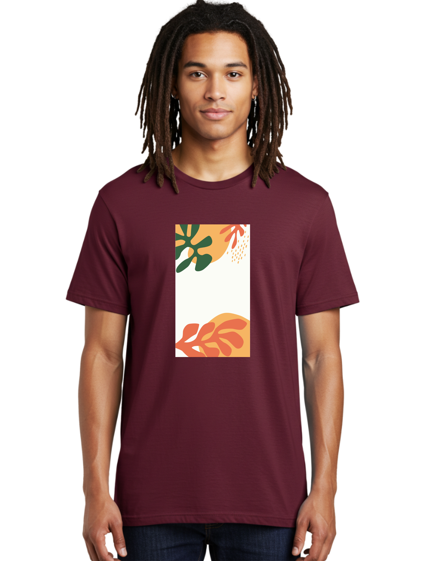 Tropical-Leaves Men'S Graphic Tee, 100% Cotton, Comfortable Casual Summer Wear, Machine Washable, Tropical Leaves, Abstract Art, Modern Design, Minimalist Style, Orange And Green Hues, Creative Graphics, Digital Illustration, Contemporary Art Aab636