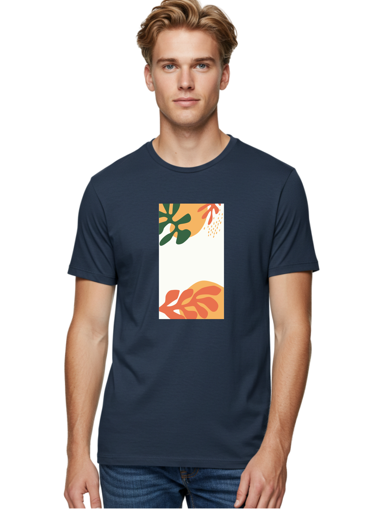 Tropical-Leaves Men'S Graphic Tee, 100% Cotton, Comfortable Casual Summer Wear, Machine Washable, Tropical Leaves, Abstract Art, Modern Design, Minimalist Style, Orange And Green Hues, Creative Graphics, Digital Illustration, Contemporary Art Aab636