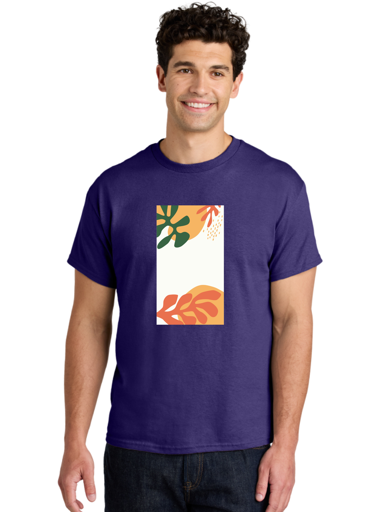 Tropical-Leaves Men'S Graphic Tee, 100% Cotton, Comfortable Casual Summer Wear, Machine Washable, Tropical Leaves, Abstract Art, Modern Design, Minimalist Style, Orange And Green Hues, Creative Graphics, Digital Illustration, Contemporary Art Aab636