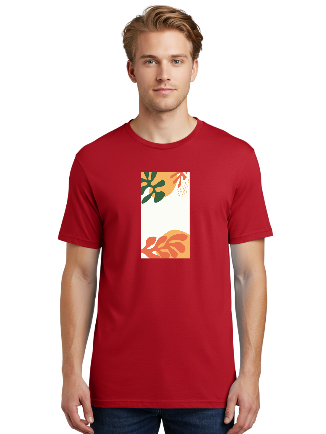 Tropical-Leaves Men'S Graphic Tee, 100% Cotton, Comfortable Casual Summer Wear, Machine Washable, Tropical Leaves, Abstract Art, Modern Design, Minimalist Style, Orange And Green Hues, Creative Graphics, Digital Illustration, Contemporary Art Aab636