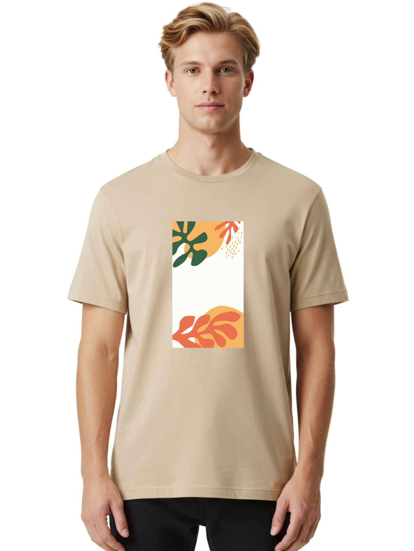 Tropical-Leaves Men'S Graphic Tee, 100% Cotton, Comfortable Casual Summer Wear, Machine Washable, Tropical Leaves, Abstract Art, Modern Design, Minimalist Style, Orange And Green Hues, Creative Graphics, Digital Illustration, Contemporary Art Aab636
